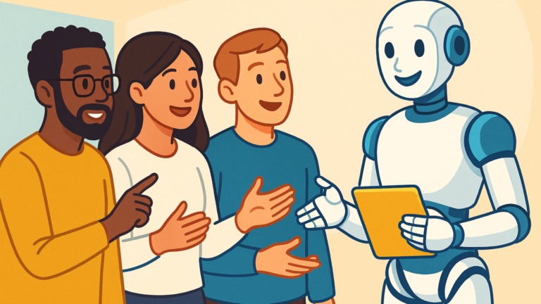 A cartoon image of three humans of varying backgrounds and genders teaching a happy robot who is holding a clipboard.